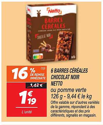 6 BARRES CÉRÉALES CHOCOLAT NOIR