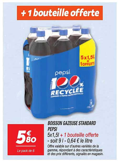 BOISSON GAZEUSE STANDARD PEPSI 5x1,5l + 1 BOUTEILLE OFFERT