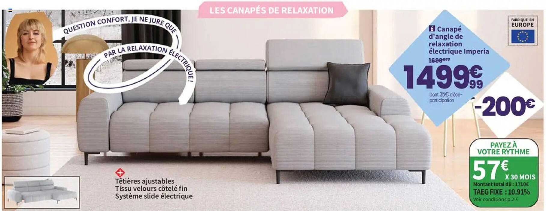 Canapé d'angle de relaxation électrique Imperia
