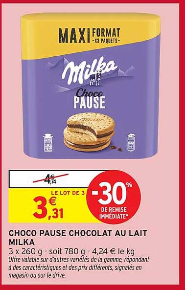 CHOCO PAUSE CHOCOLAT AU LAIT MILKA