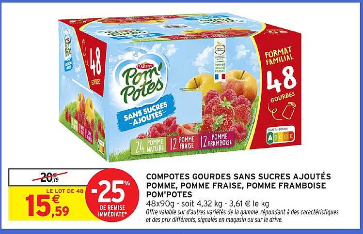 COMPOTES GOURDES SANS SUCRES AJOUTÉS POMME, POMME FRAISE, POMME FRAMBOISE POM'POTES