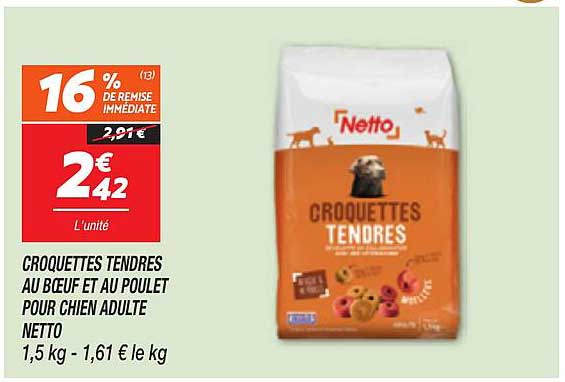 CROQUETTES TENDRES AU BŒUF ET AU POULET POUR CHIEN ADULTE NETTO