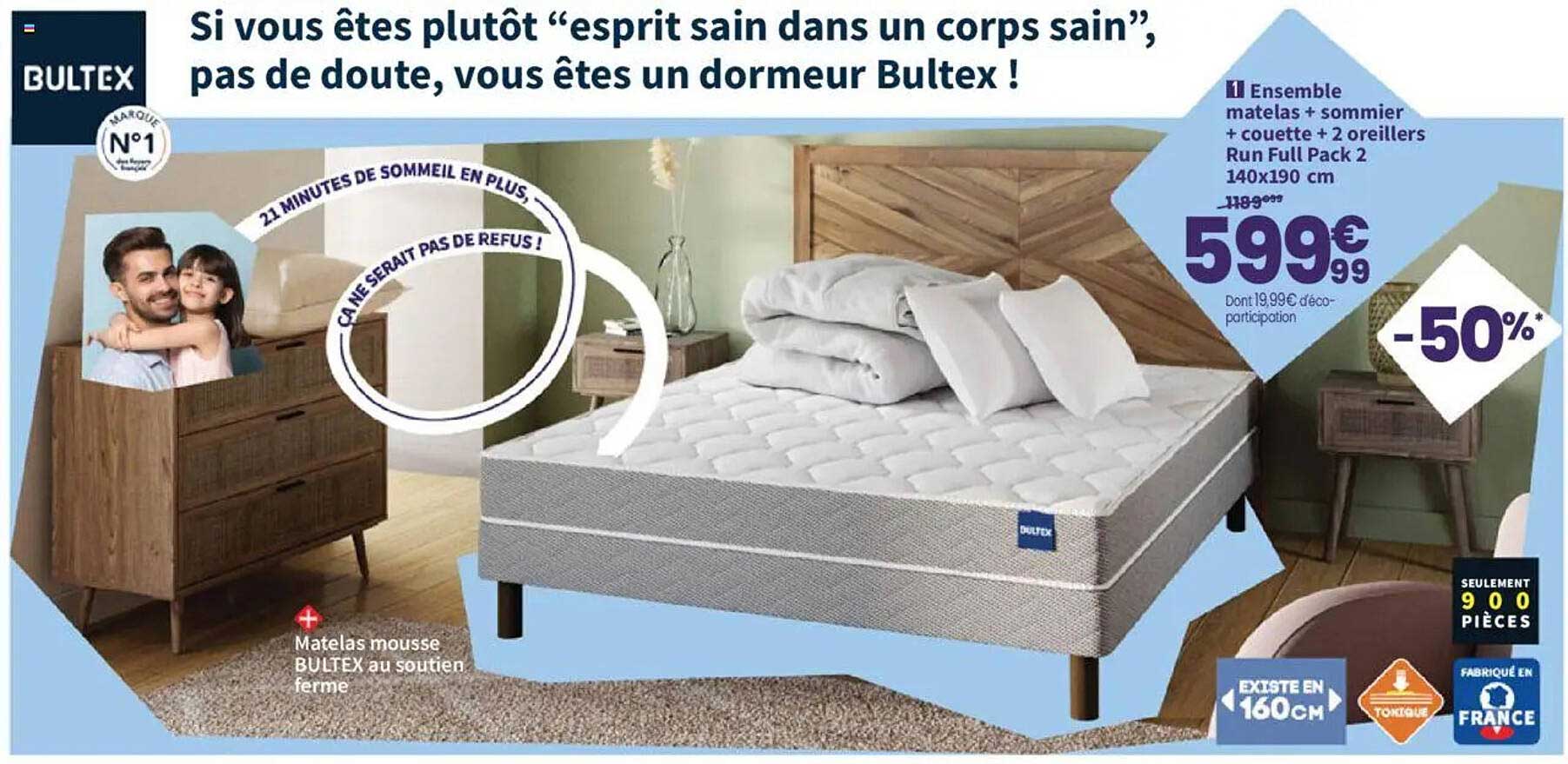 Ensemble matelas + sommier + couette + 2 oreillers Run Full Pack 2 140x190 cm