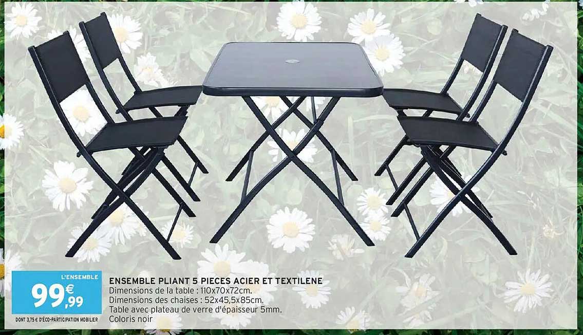 ENSEMBLE PLIANT 5 PIECES ACIER ET TEXTILENE