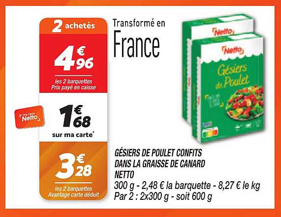 GÉSIER DE POULET CONFITS DANS LA GRAISSE DE CANARD NETTO