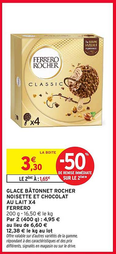 GLACE BÂTONNET ROCHER NOISETTE ET CHOCOLAT AU LAIT X4