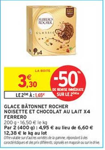 GLACE BÂTONNET ROCHER NOISETTE ET CHOCOLAT AU LAIT X4 FERRERO