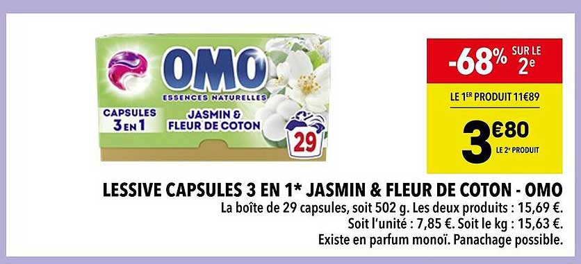 LESSIVE CAPSULES 3 EN 1* JASMIN & FLEUR DE COTON - OMO