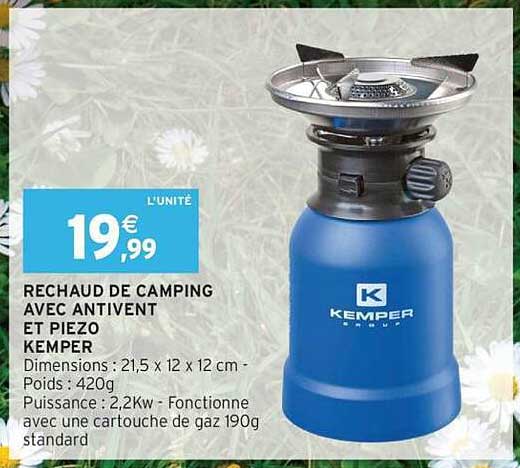 RECHAUD DE CAMPING AVEC ANTIVENT ET PIEZO KEMPER