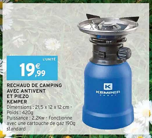 RECHAUD DE CAMPING AVEC ANTIVENT ET PIEZO KEMPER