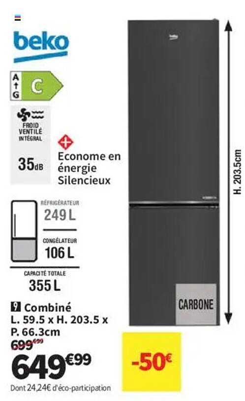 Réfrigérateur combiné Beko 355L - Économie d'énergie