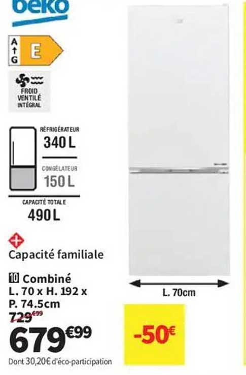 Réfrigérateur combiné Beko 490L -50€