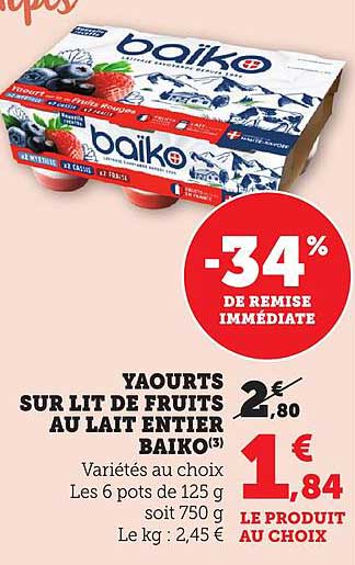 Yaourts sur lit de fruits au lait entier Baiko