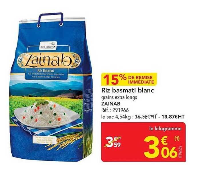 15% DE REMISE IMMÉDIATE Riz basmati blanc grains extra longs ZAINAB