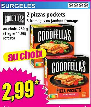 2 pizzas pockets 3 fromages ou jambon fromage au choix, 250 g (1 kg = 11,96)