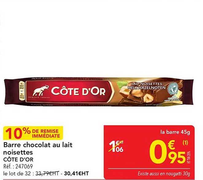 Barre chocolat au lait noisettes CÔTE D'OR