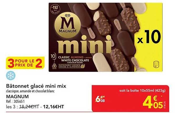 Bâtonnet glacé mini mix classique, amande et chocolat blanc MAGNUM