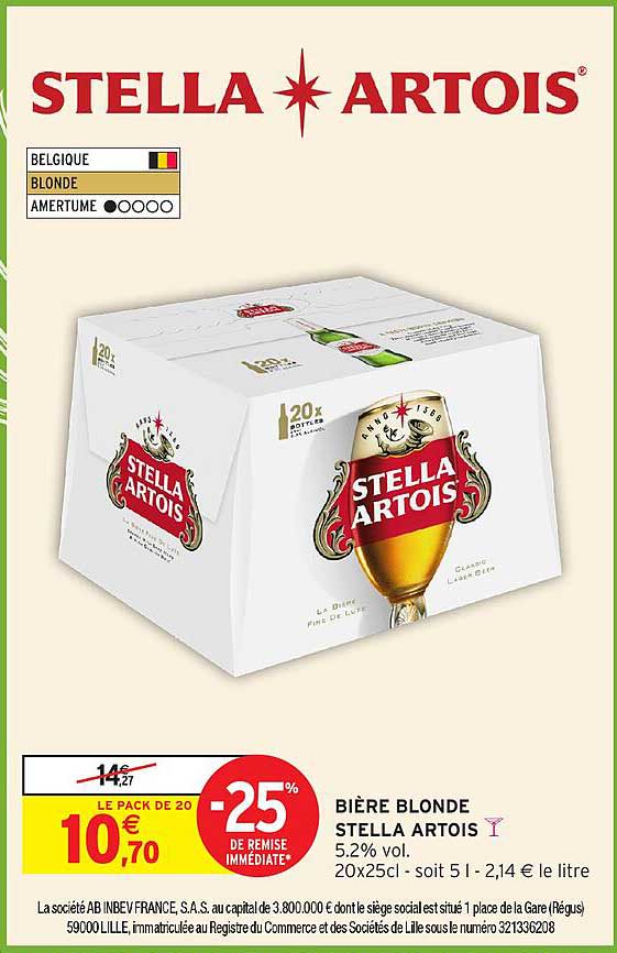 BIÈRE BLONDE STELLA ARTOIS 5.2% vol. 20x25cl - soit 5 l - 2,14 € le litre