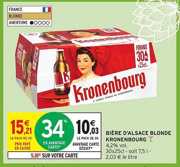 BIÈRE D'ALSACE BLONDE KRONENBOURG 4,2% vol. 30x25cl - soit 7,5 l - 2,03 € le litre
