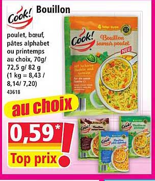 Bouillon poulet, boeuf, pâtes alphabet ou printemps au choix, 70g/72,5 g/82 g (1 kg = 8,43 / 8,14 / 7,20) 43618