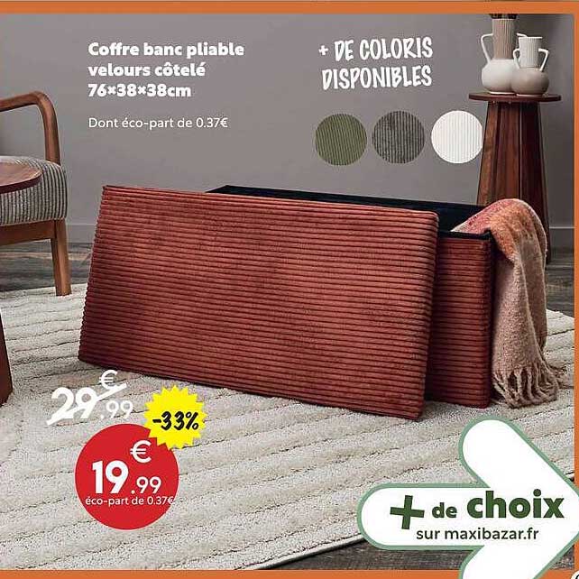 Coffre banc pliable velours côtelé 76×38×38cm