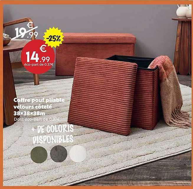 Coffre pouf pliable velours côtelé 38x38x38 cm