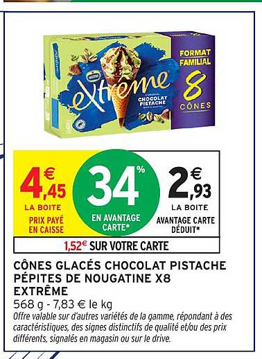 CÔNES GLACÉS CHOCOLAT PISTACHE PÉPITÉS DE NOUGATINE X8 EXTRÊME
