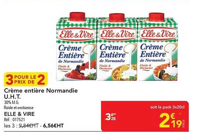 Crème entière Normandie U.H.T. 30% M.G. fluide et onctueuse ELLE & VIRE
