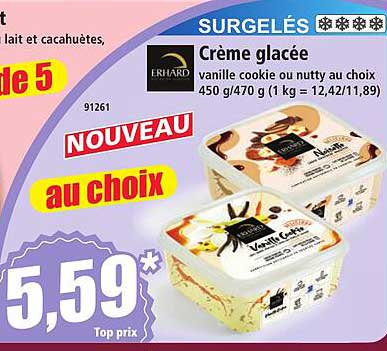 Crème glacée vanille cookie ou nutty au choix 450 g/470 g (1 kg = 12,42/11,89)