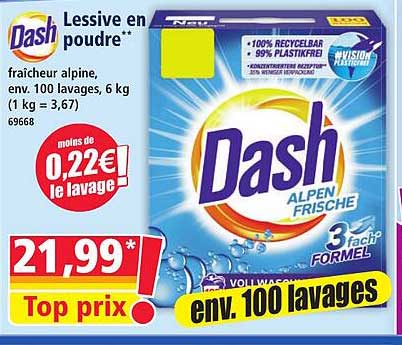 Dash Lessive en poudre fraîcheur alpine, env. 100 lavages, 6 kg