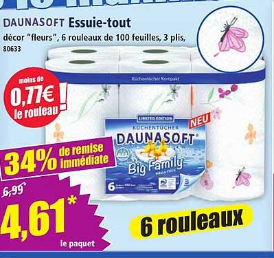 DAUNASOFT Essuie-tout décor “fleurs”, 6 rouleaux de 100 feuilles, 3 plis, 80633