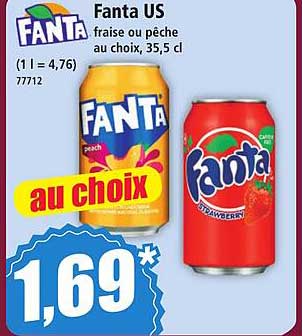 Fanta US fraise ou pêche au choix, 35,5 cl