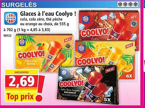 Glaces à l'eau Coolyo ! cola, cola zéro, thé pêche ou orange au choix, de 555 g
