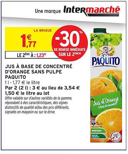 JUS A BASE DE CONCENTRE D'ORANGE SANS PULPE PAQUITO