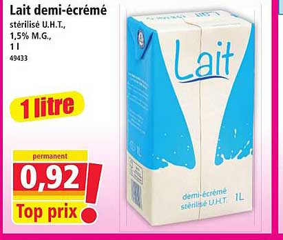Lait demi-écrémé stérilisé U.H.T., 1,5% M.G., 1 l