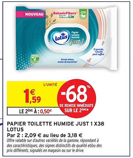 PAPIER TOILETTE HUMIDE JUST 1 X38 LOTUS