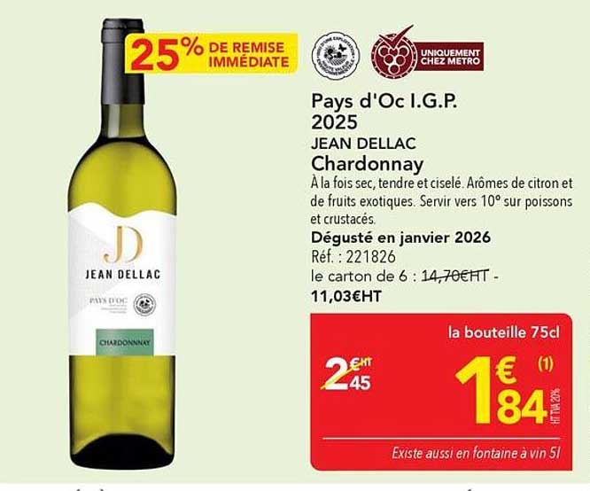 Pays d'Oc I.G.P. 2025 JEAN DELLAC Chardonnay