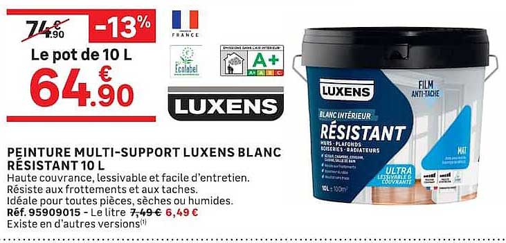 PEINTURE MULTI-SUPPORT LUXENS BLANC RÉSISTANT 10 L