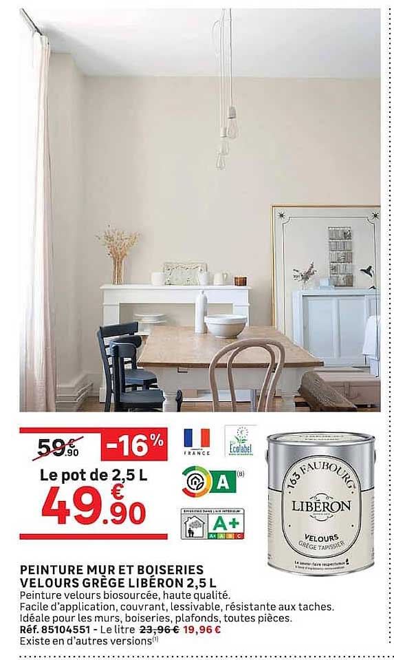 PEINTURE MUR ET BOISERIES VELOURS GRÈGE LIBERON 2,5 L