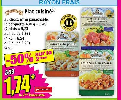 Plat cuisiné(e) au choix, offre panachable, la barquette 400 g = 3,49 (2 plats = 5,23 au lieu de 6,98) au kilo = 6,54 au lieu de 8,73