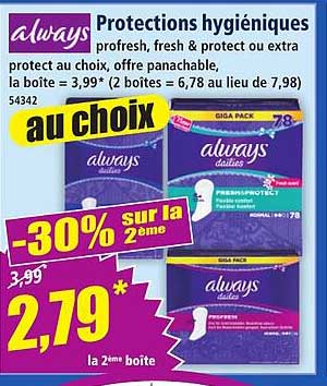 Protections hygiéniques always pro fresh, fresh & protect ou extra