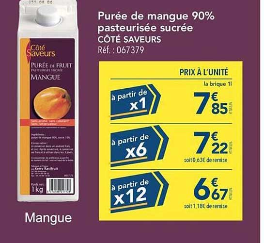 Purée de mangue 90% pasteurisée sucrée CÔTÉ SAVEURS Réf. : 067379