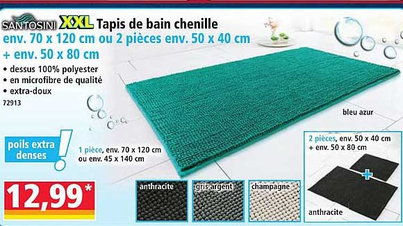 SANTOSINI XXL Tapis de bain chenille env. 70 x 120 cm ou 2 pièces env. 50 x 40 cm + env. 50 x 80 cm