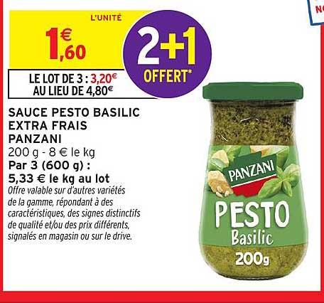 SAUCE PESTO BASILIC EXTRA FRAIS PANZANI 200 g - 8 € le kg Par 3 (600 g) : 5,33 € le kg au lot