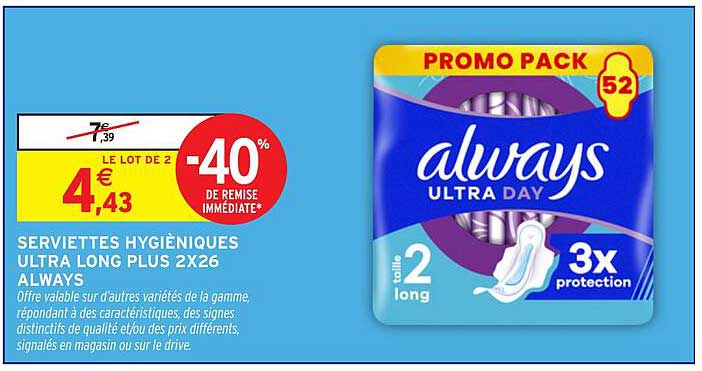 SERVIETTES HYGIÉNIQUES ULTRA LONG PLUS 2X26 ALWAYS