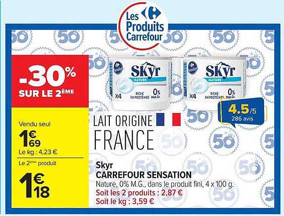 Skyr CARREFOUR SENSATION Nature, 0% M.G., dans le produit fini, 4 x 100 g