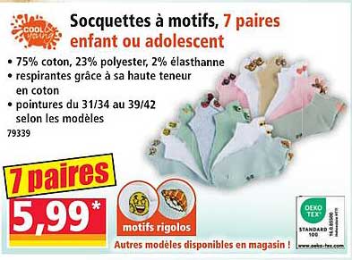 Socquettes à motifs, 7 paires enfant ou adolescent