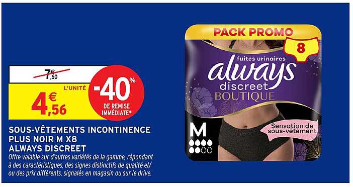SOUS-VÊTEMENTS INCONTINENCE PLUS NOIR M X8 ALWAYS DISCREET