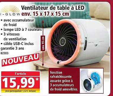 Ventilateur de table à LED env. 15 x 17 x 15 cm