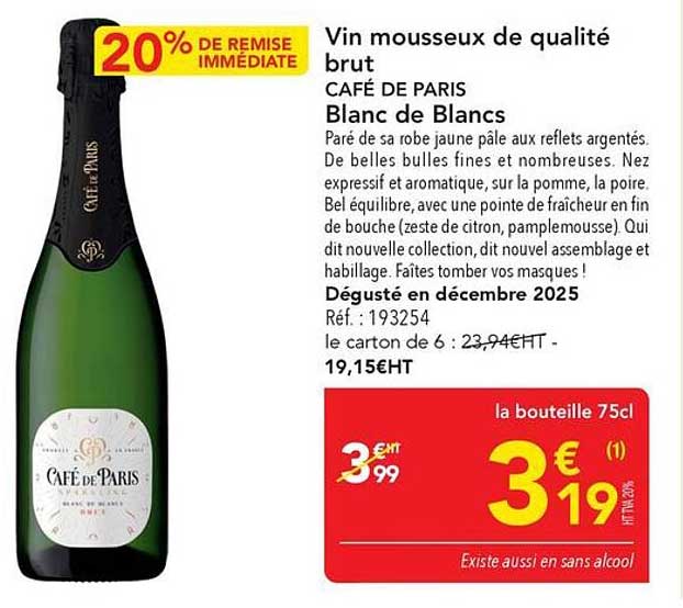 Vin mousseux de qualité brut CAFÉ DE PARIS Blanc de Blancs